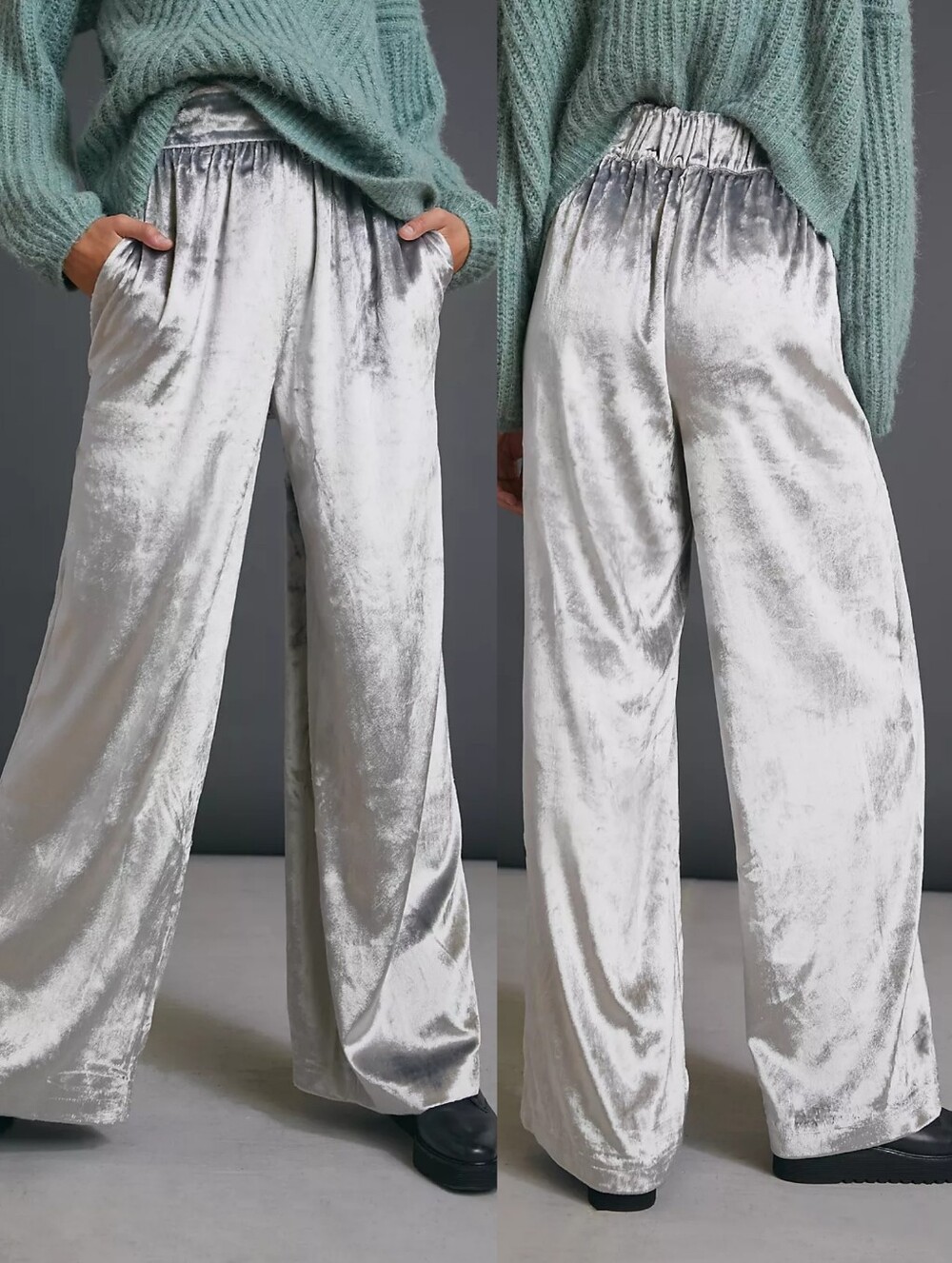 Anthropologie Maeve Anastacia Velvet Wide-Leg Pants Silver Medium